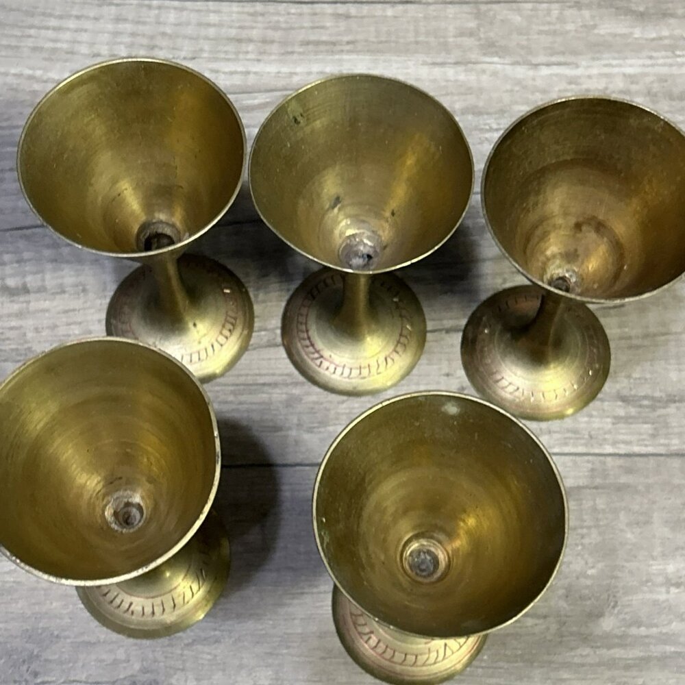 Etched Brass Wine Goblet India Table Top Decor Vintage Beware 5 Small Solid Cups - Picture 8 of 9